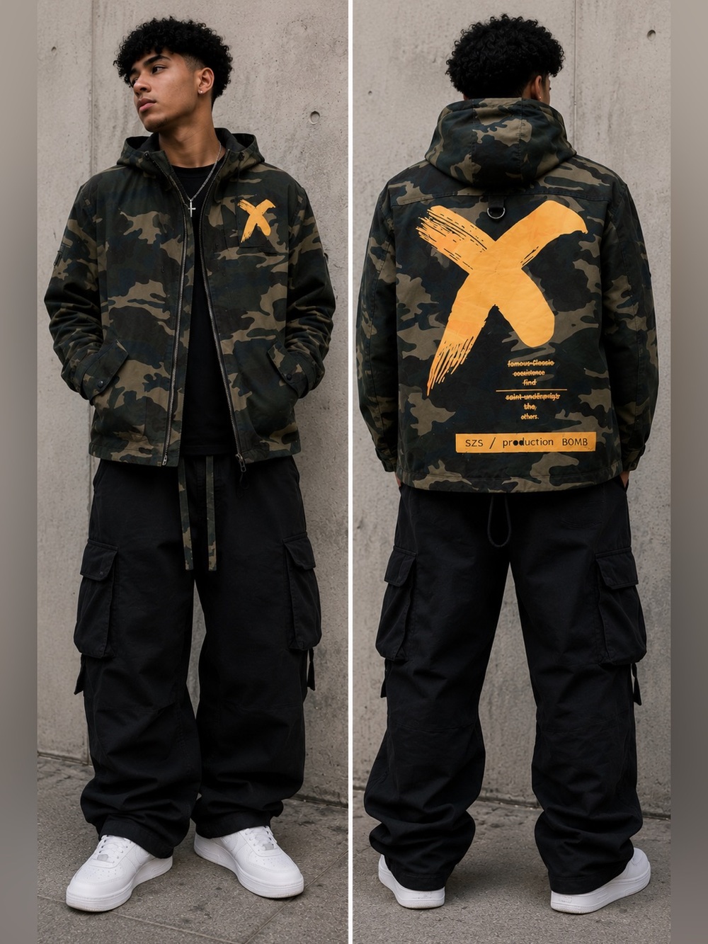 Camo X Utility Streetwear Techwear Jacket, SZS production BOMB, Skater, Coat, M